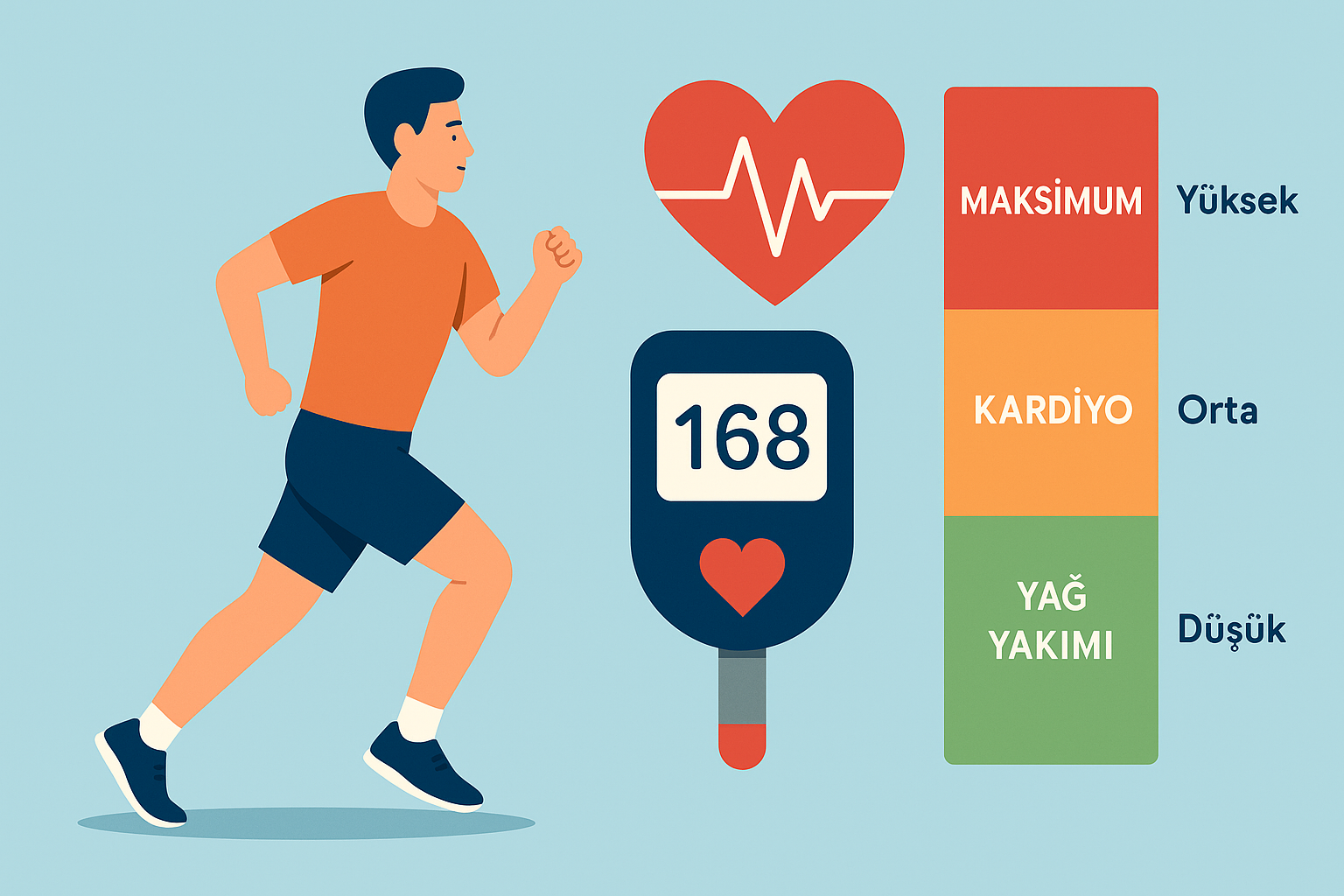 Hedef nabız aralığı, nabız bölgeleri ve egzersiz yoğunluklarını gösteren kalp atışı illustrasyonu