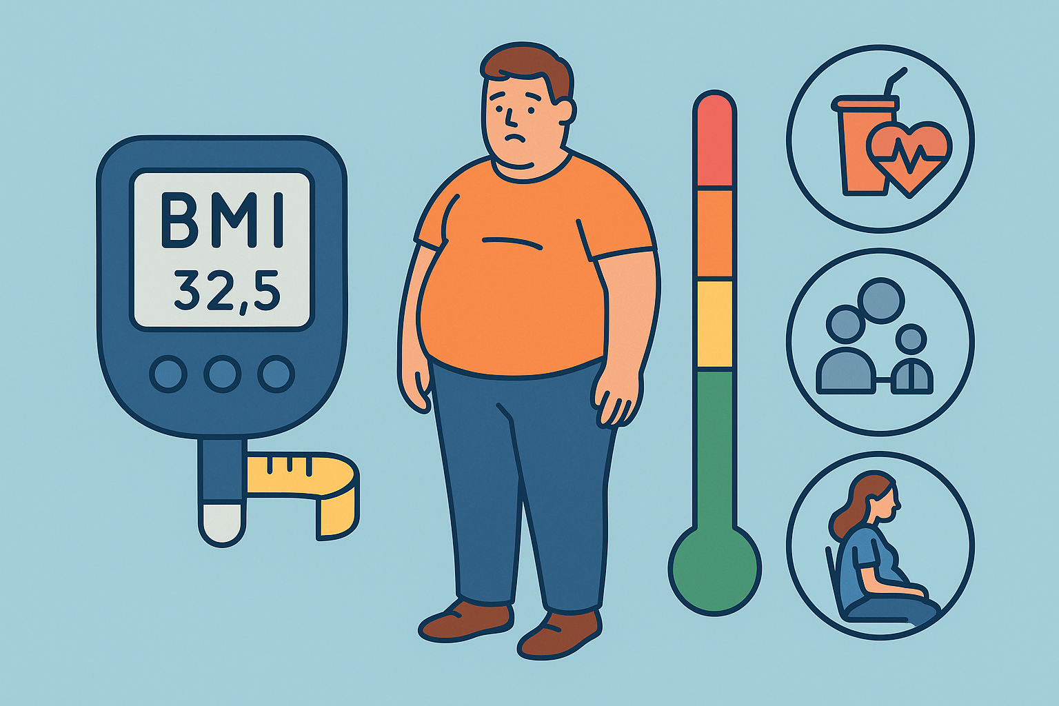 Obezite riski, BKİ ve bel çevresi değerlendirmesini gösteren illustrasyon
