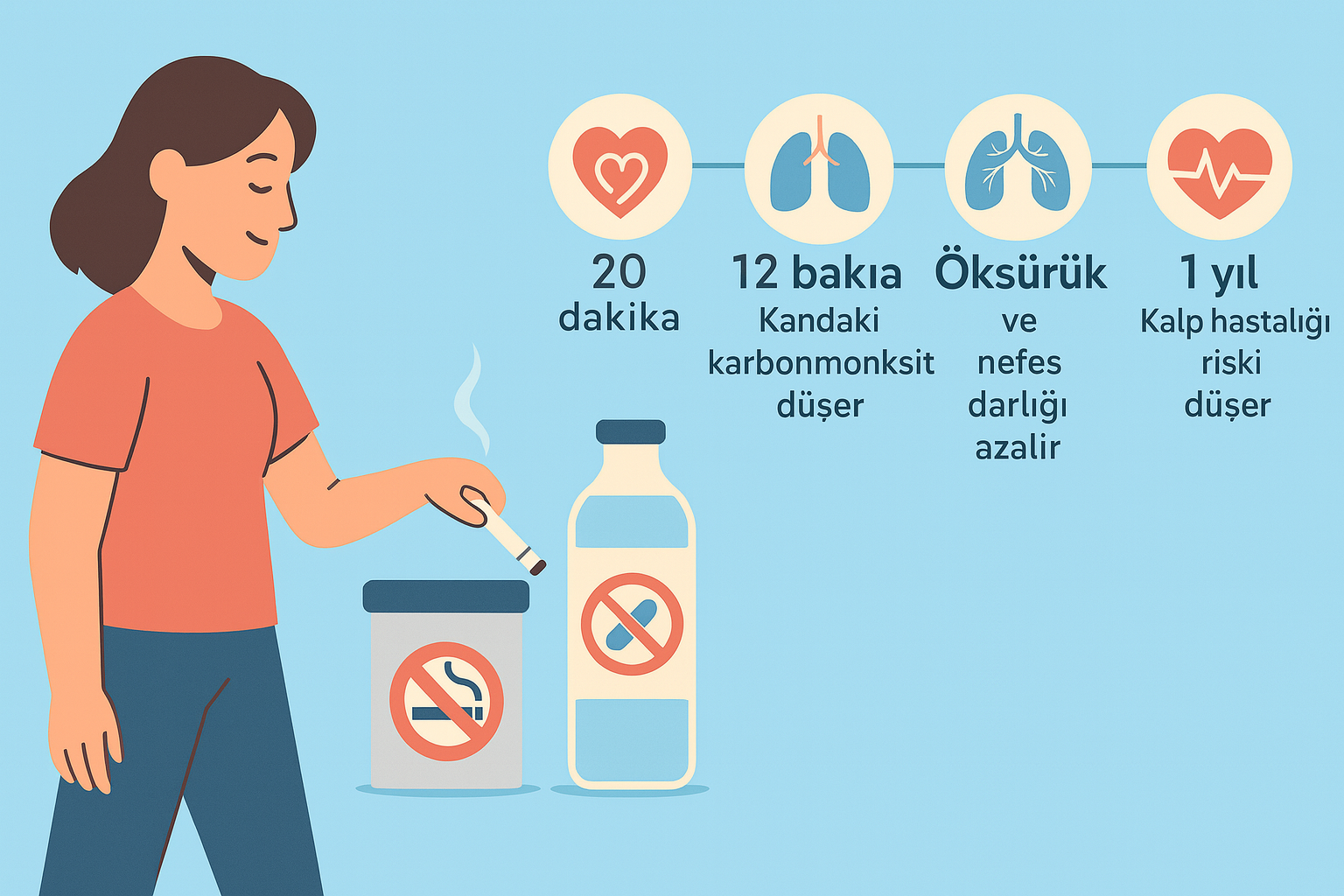 Sigarayı bıraktıktan sonra zamanla vücutta gerçekleşen değişimleri gösteren illustrasyon