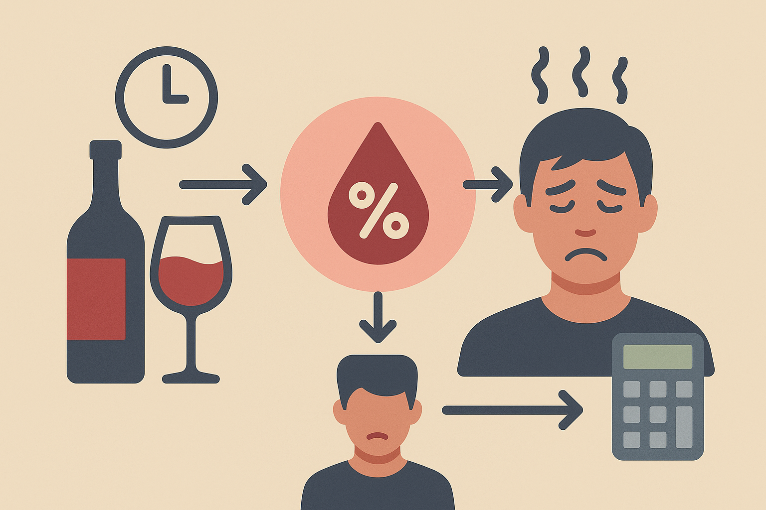 Alkol promil hesaplama mantığını ve vücutta alkol dağılımını anlatan illustrasyon
