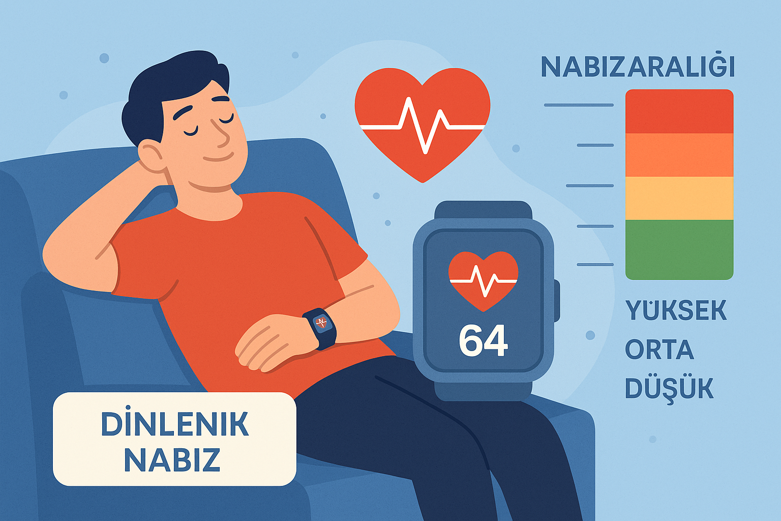 Dinlenik nabız ölçümü, bilekten ve göğüsten nabız takibi yapan kişiyi gösteren illustrasyon