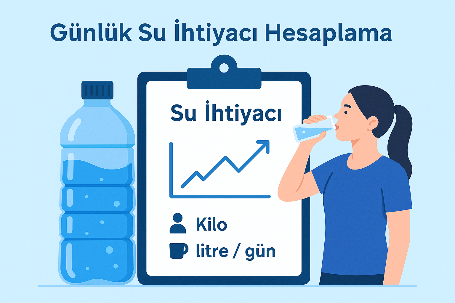 Günlük su ihtiyacı hesaplamasında kilo ve aktivite düzeyine göre su miktarını gösteren illustrasyon