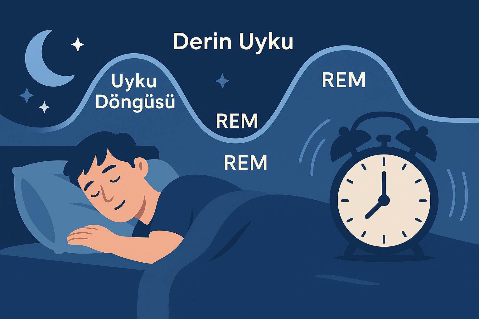 Uyku döngüsü ve 90 dakikalık uyku evrelerini anlatan illustrasyon