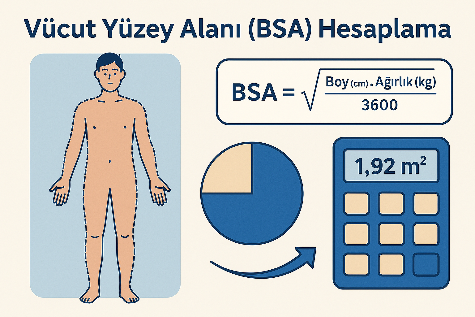 Vücut yüzey alanı (BSA) hesaplamasını ve boy-kilo ilişkisini gösteren illustrasyon