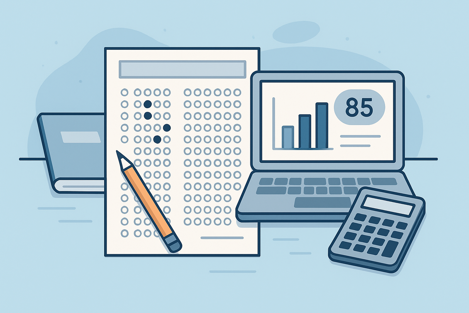 ALES optik cevap kağıdı ve hesap makinesi ile ALES puanı hesaplama mantığını gösteren rehber görsel