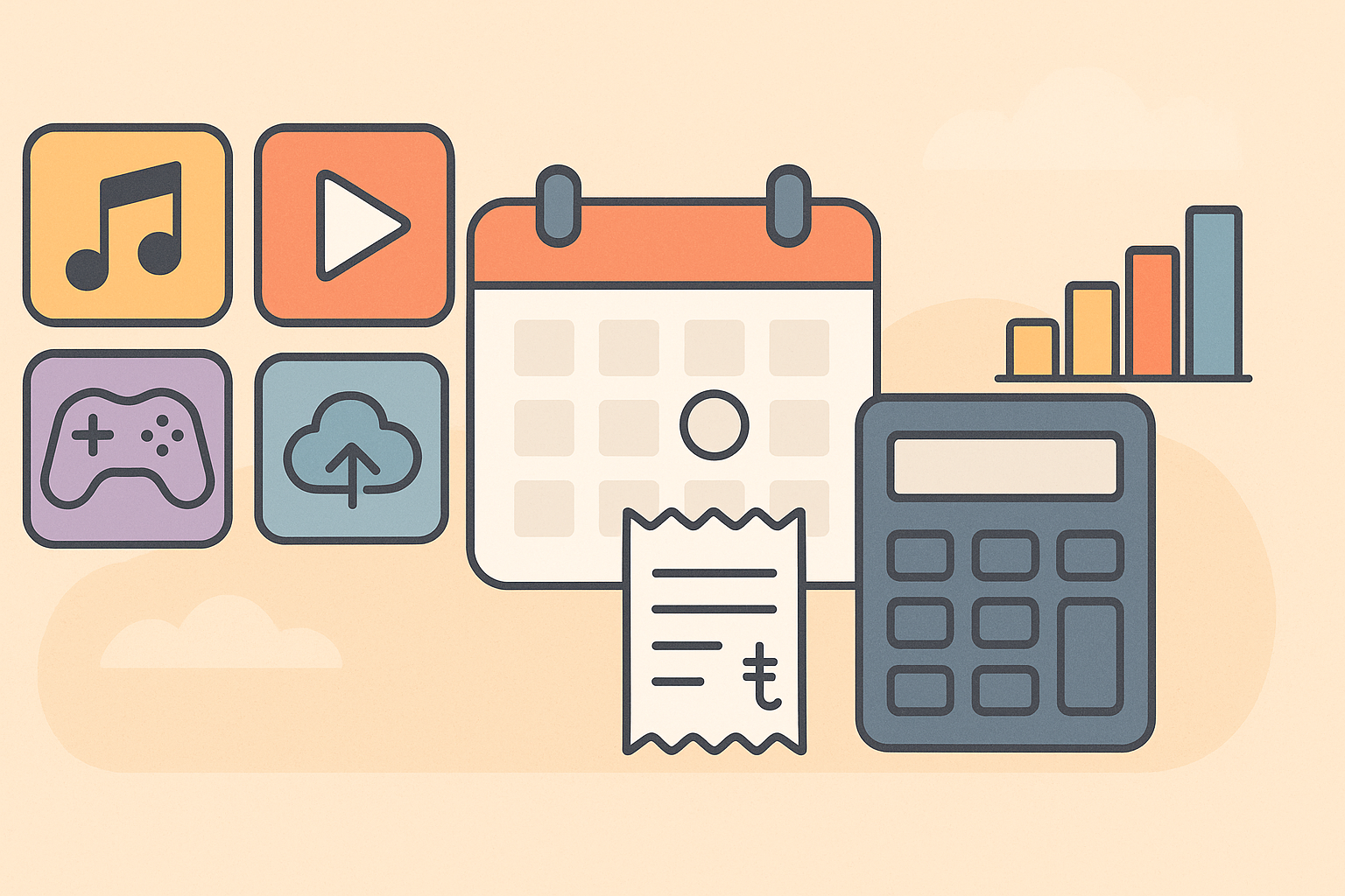 Aylık abonelik ücreti, fatura periyodu, kurulum bedeli ve indirimleri gösteren abonelik maliyeti illustrasyonu