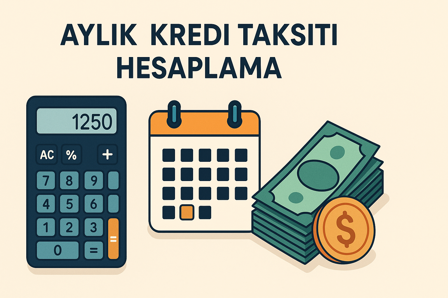 Aylık kredi taksiti hesaplama formülünü ve taksit, faiz, vade ilişkisini gösteren illustrasyon