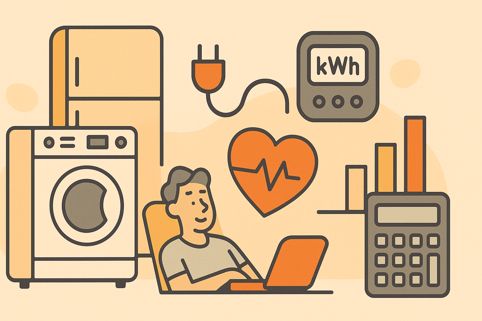 Beyaz eşyaların yıllık elektrik tüketimini güç ve kullanım süresine göre hesaplamayı anlatan illustrasyon