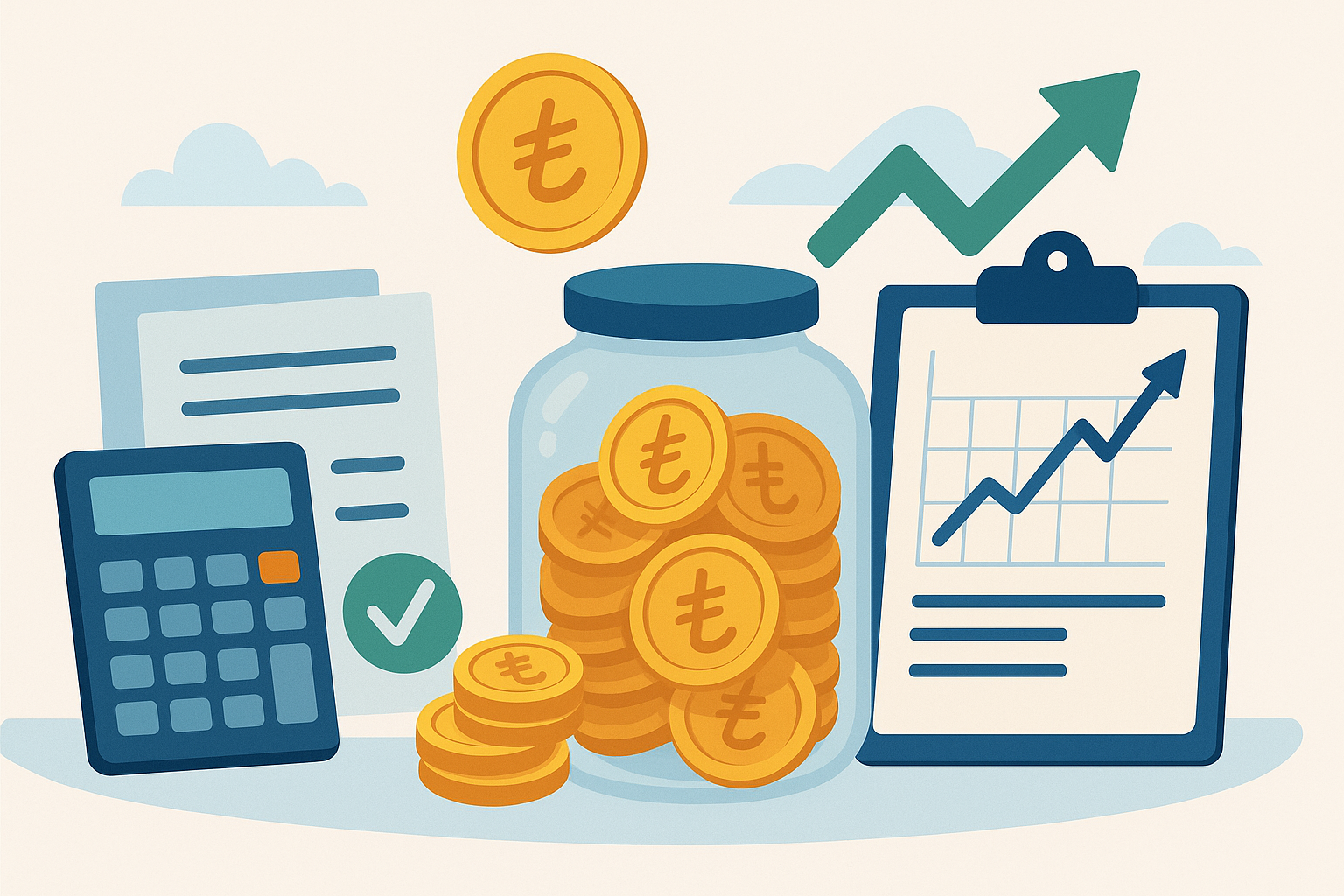 Başlangıç birikimi, aylık tasarruf ve bileşik faizin zaman içindeki etkisini anlatan birikim hesaplama illustrasyon görseli