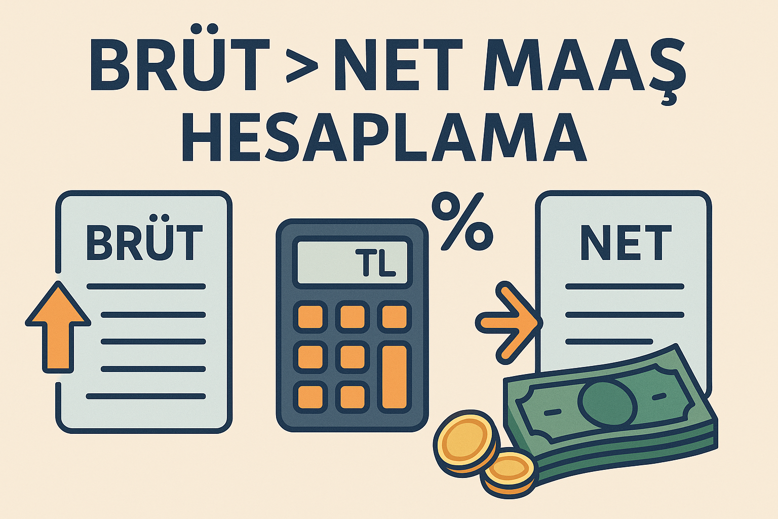 Brüt maaştan SGK, işsizlik, gelir ve damga vergisi kesintileri sonrası net maaşın nasıl hesaplandığını anlatan görsel rehber