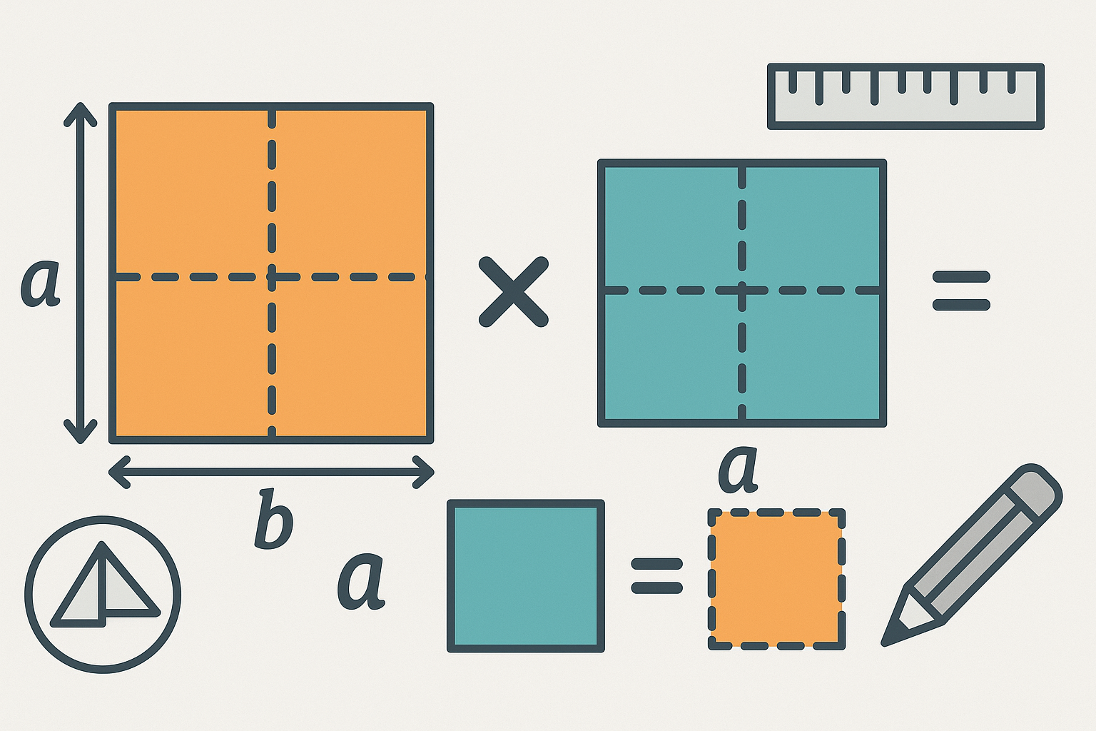 Dikdörtgen ve kare alanı, çevresi ve köşegenini birim kareler ile gösteren geometri hesaplama görseli