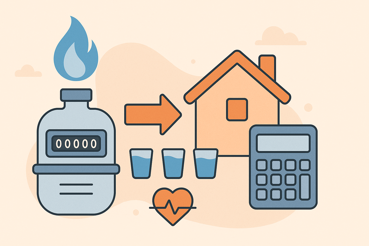 Doğalgaz tüketimini m³, kWh ve fatura maliyeti üzerinden hesaplamayı anlatan illustrasyon