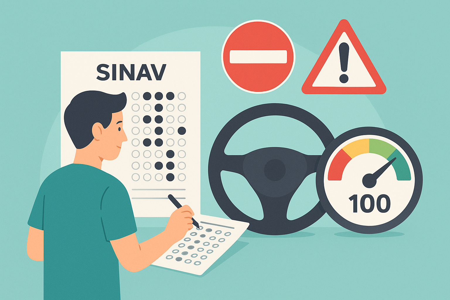 Ehliyet yazılı sınavında soruların dağılımını ve 50 sorudan 100 puan hesaplama mantığını anlatan görsel