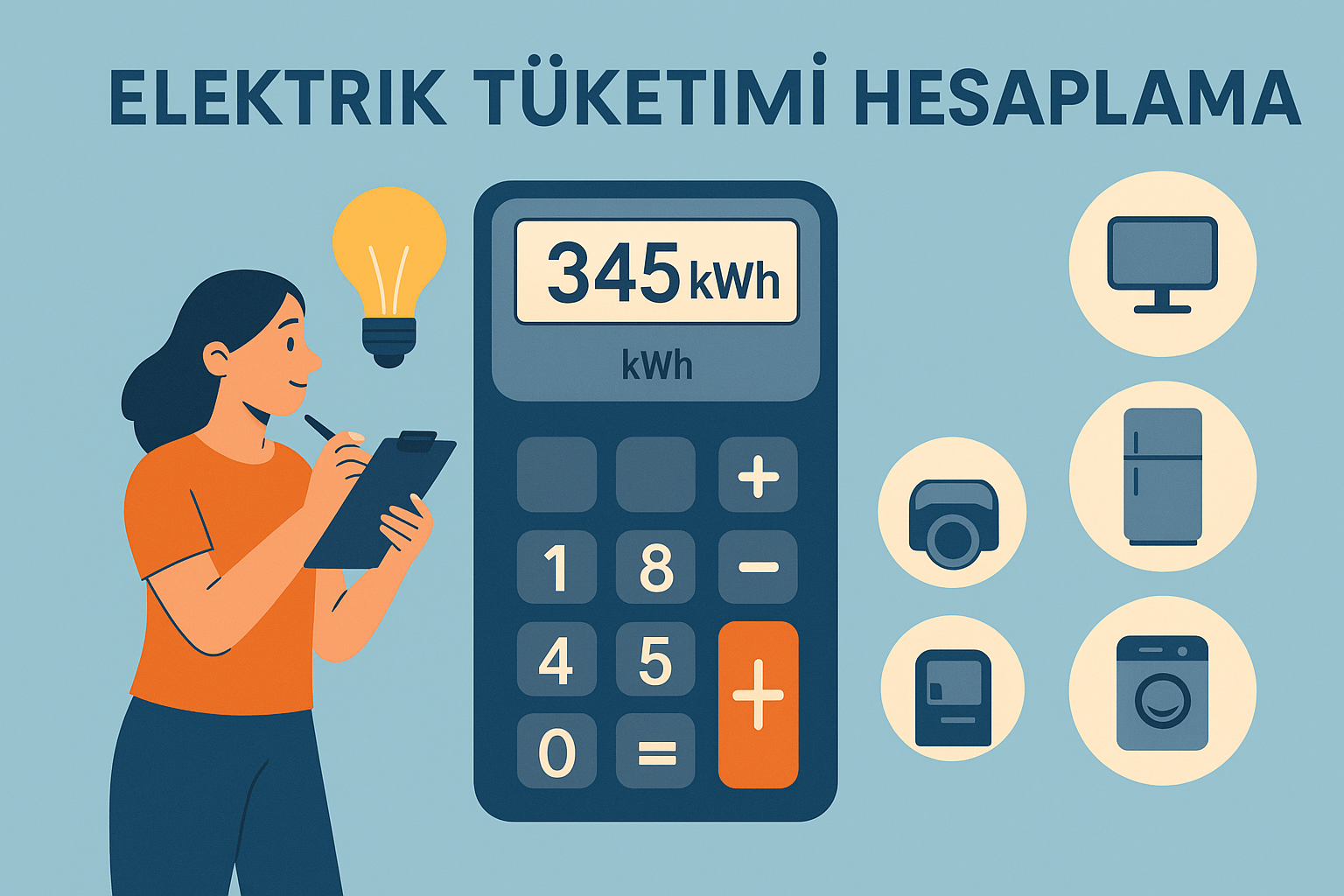 Elektrik tüketimini watt, kullanım süresi ve kWh üzerinden hesaplamayı anlatan illustrasyon