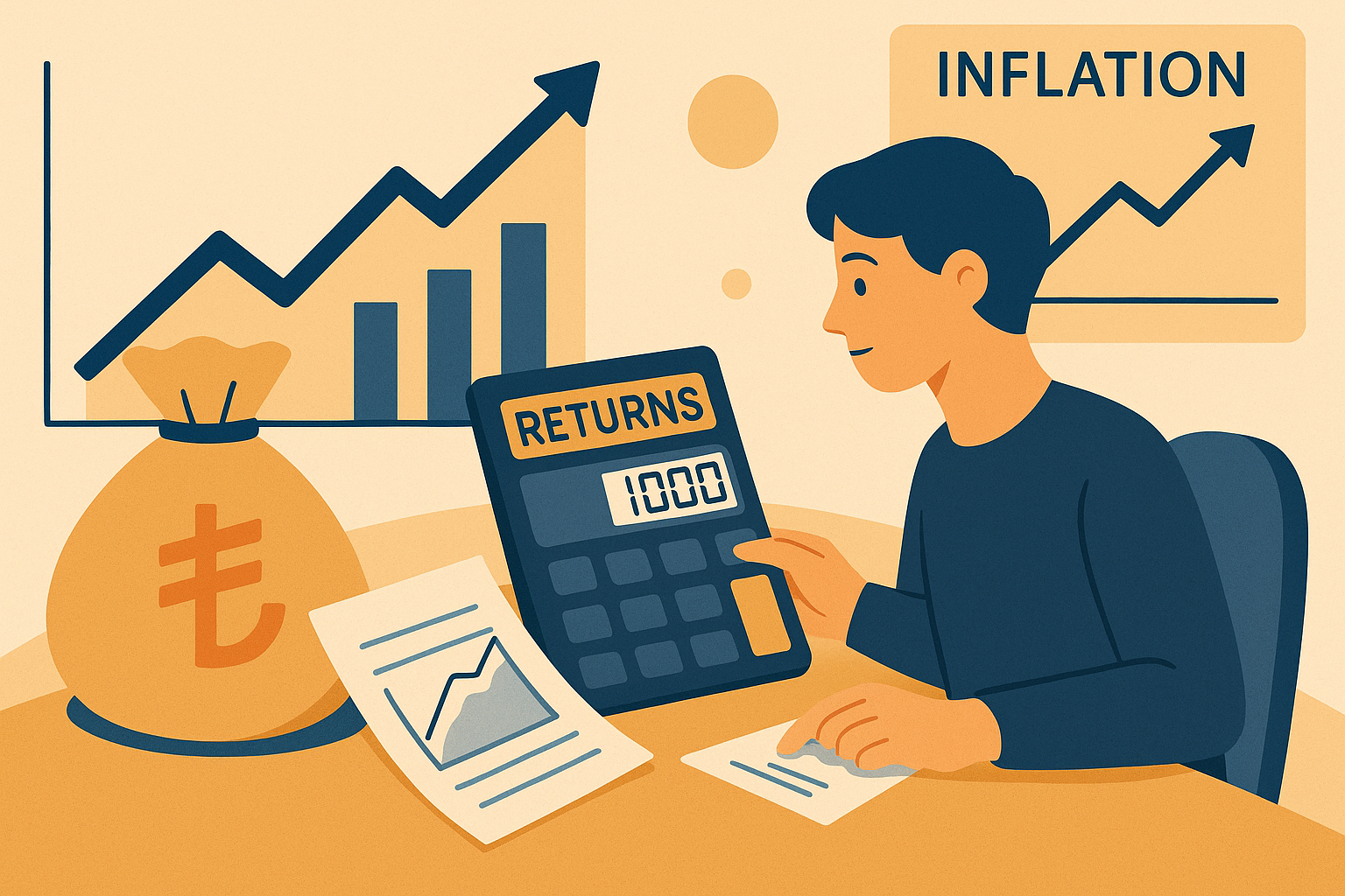 Nominal getiri, enflasyon ve reel getiri ilişkisini gösteren enflasyon düzeltilmiş getiri hesaplama illustrasyon görseli
