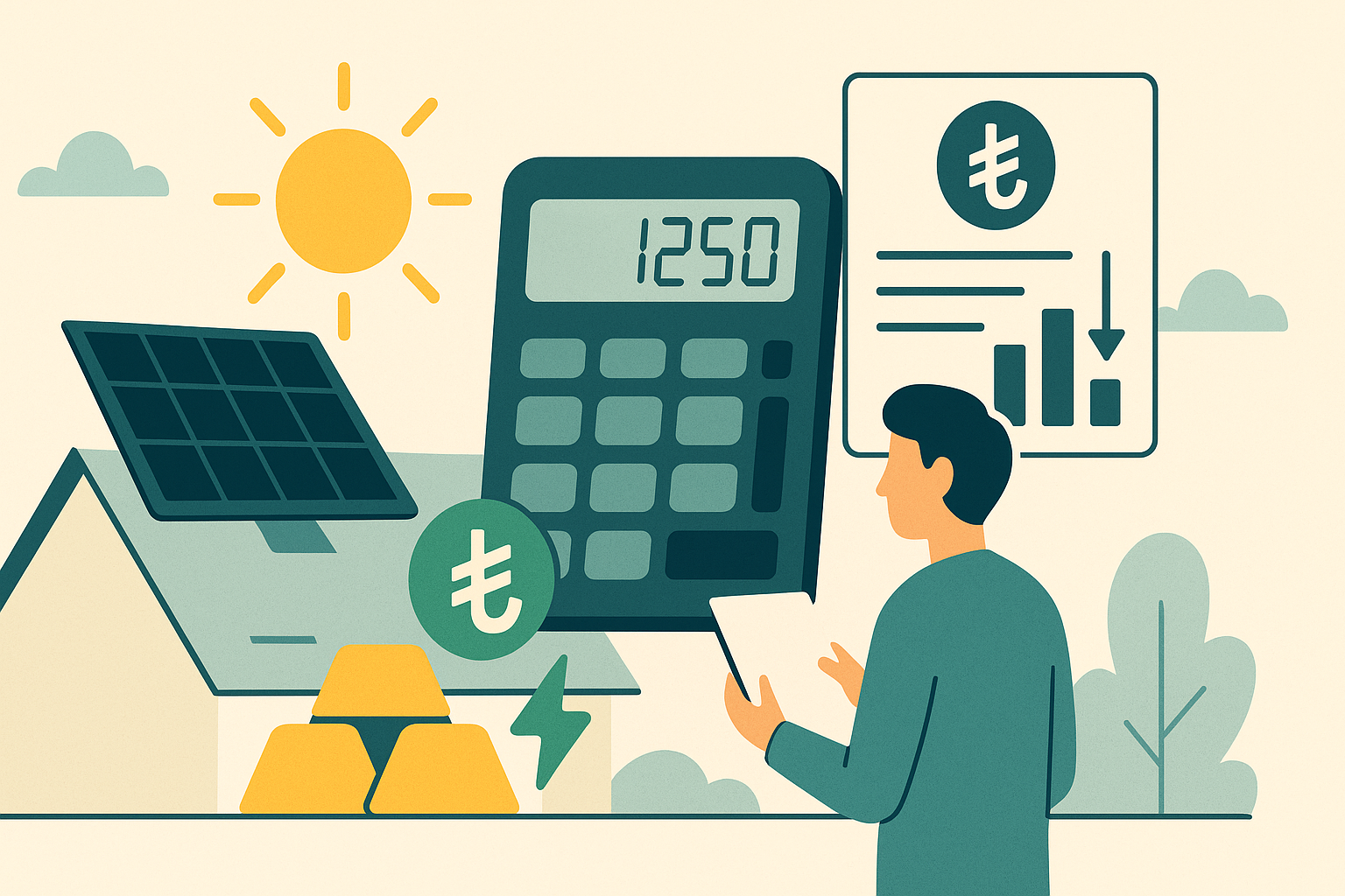 Güneş paneli tasarrufu hesaplama sürecini, yıllık üretim, fatura tasarrufu ve geri ödeme süresi ilişkisini gösteren rehber görsel