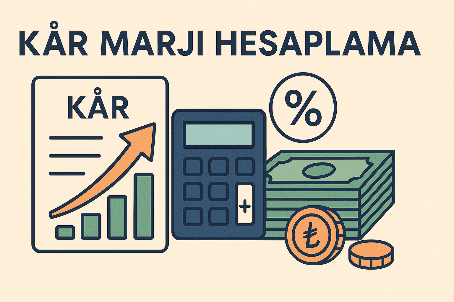 Satış fiyatı, maliyet, sabit gider ve net kar marjı ilişkisini gösteren kar marjı hesaplama illustrasyon görseli