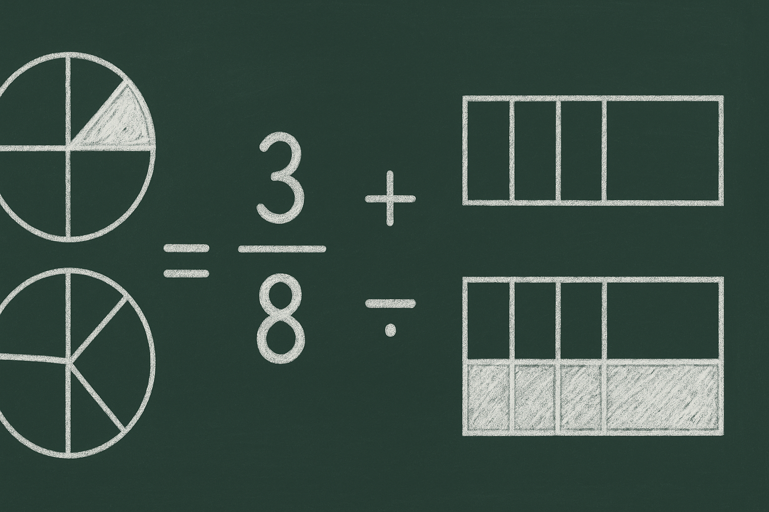 Kesir toplama, çıkarma, çarpma, bölme ve sadeleştirme ilişkisini gösteren kesir hesaplama rehber görseli