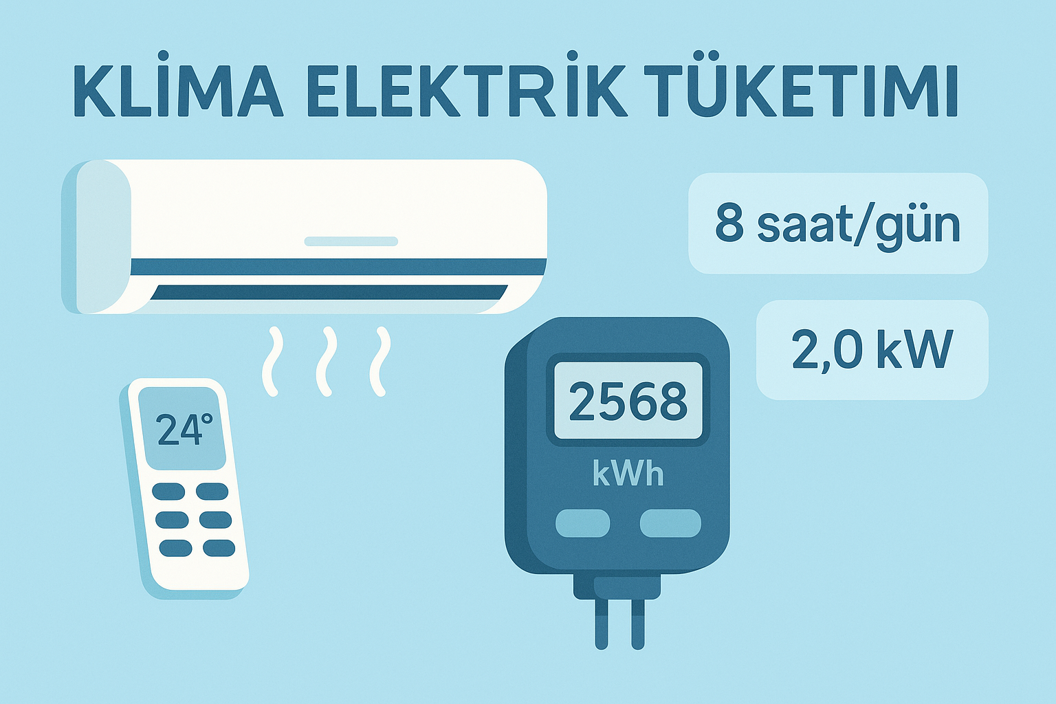 Klima elektrik tüketimini kapasite, çalışma süresi ve gün sayısına göre anlatan illustrasyon