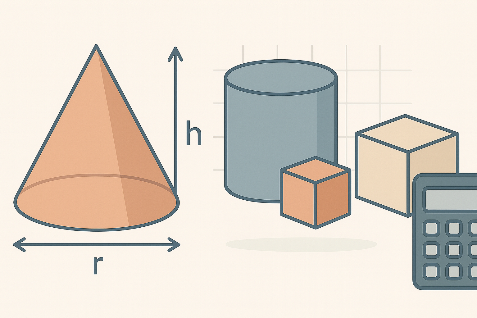 Koni hacmi, taban alanı, eğik yükseklik ve koni-silindir hacim oranını gösteren geometri hesaplama rehber görseli