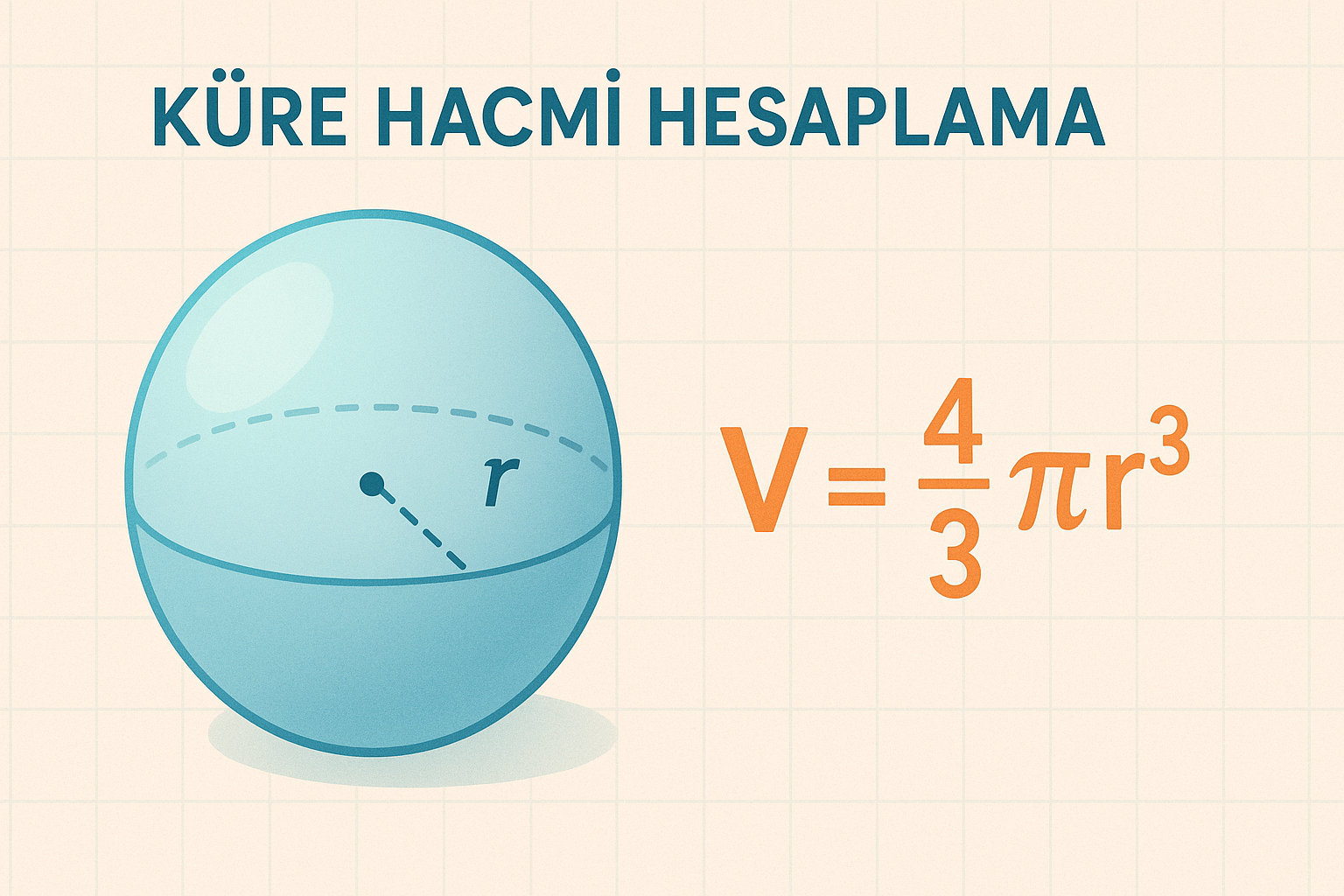 Yarıçap, çap ve pi ilişkisiyle küre hacmini anlatan eğitim görseli