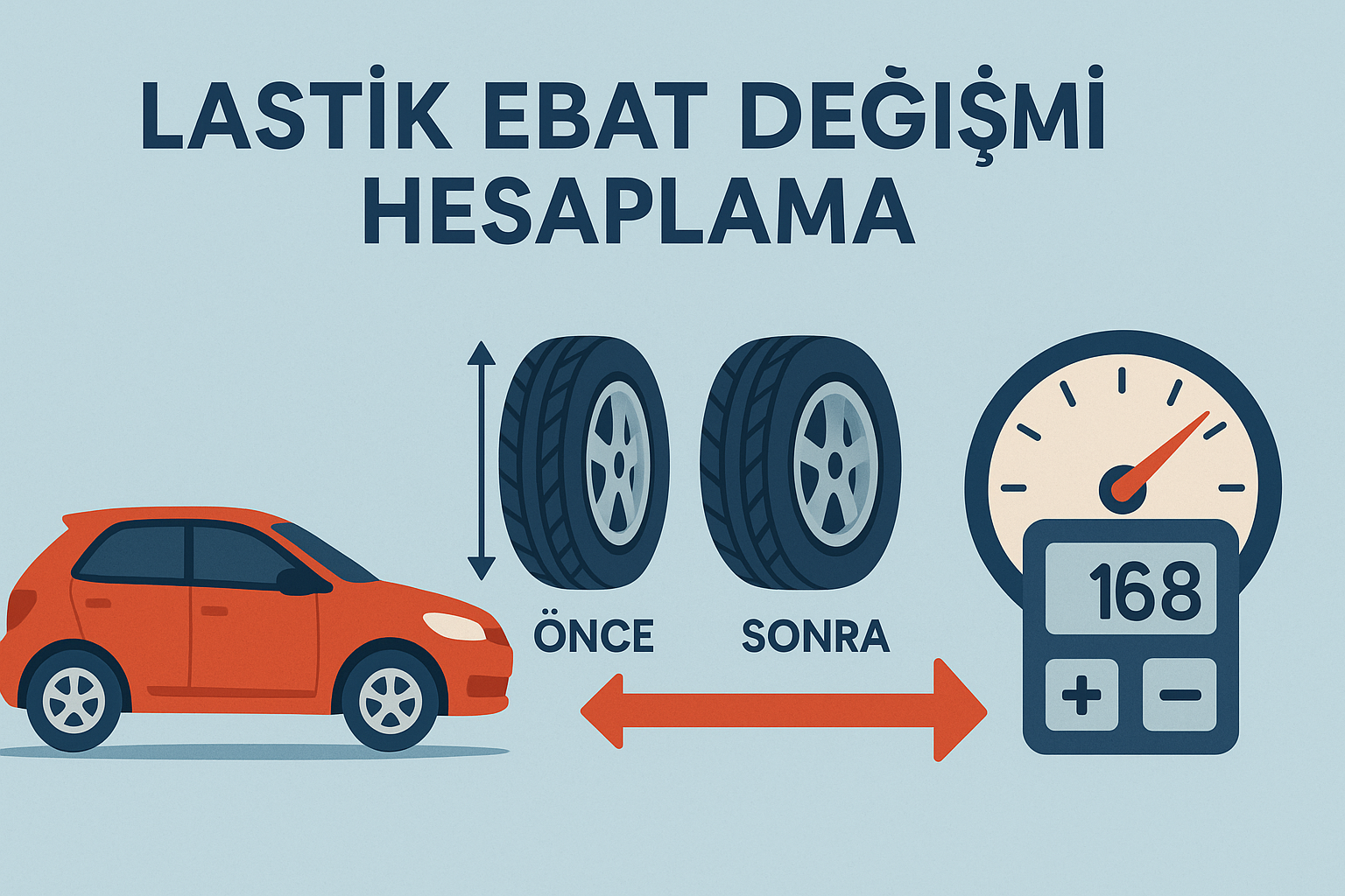 Mevcut ve yeni lastik ölçülerine göre çap, yuvarlanma çevresi, hız göstergesi sapması ve yerden yükseklik farkını gösteren lastik ebat değişimi illustrasyonu