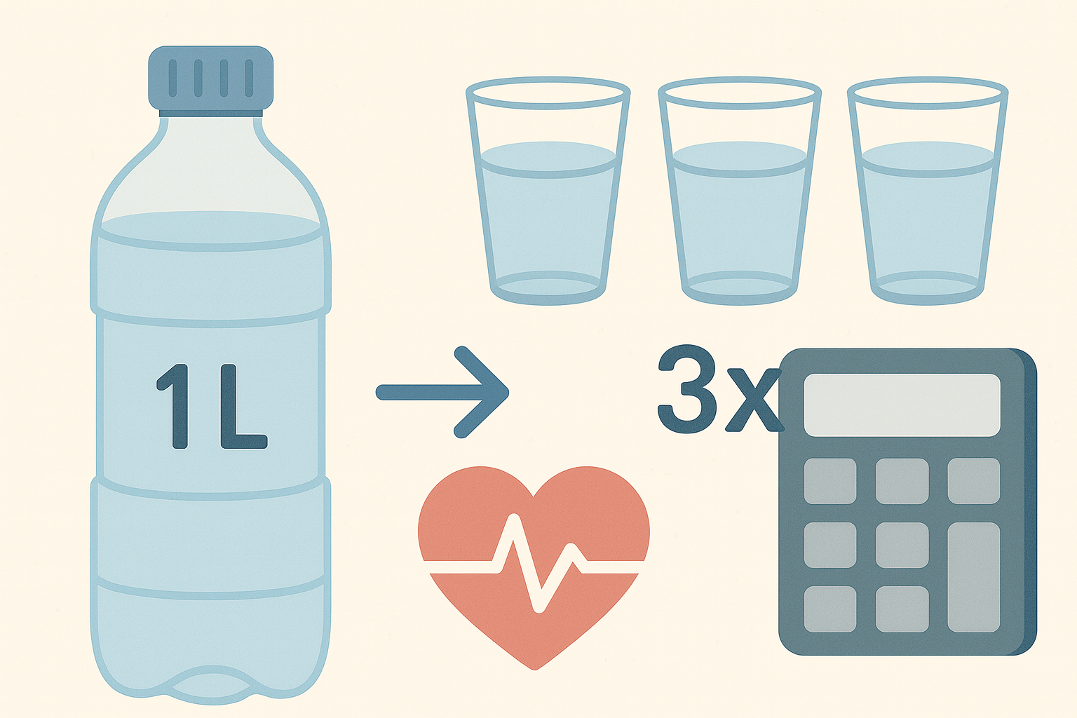 Litre ve mililitre cinsinden sıvı miktarını su bardağına dönüştürmeyi anlatan illustrasyon