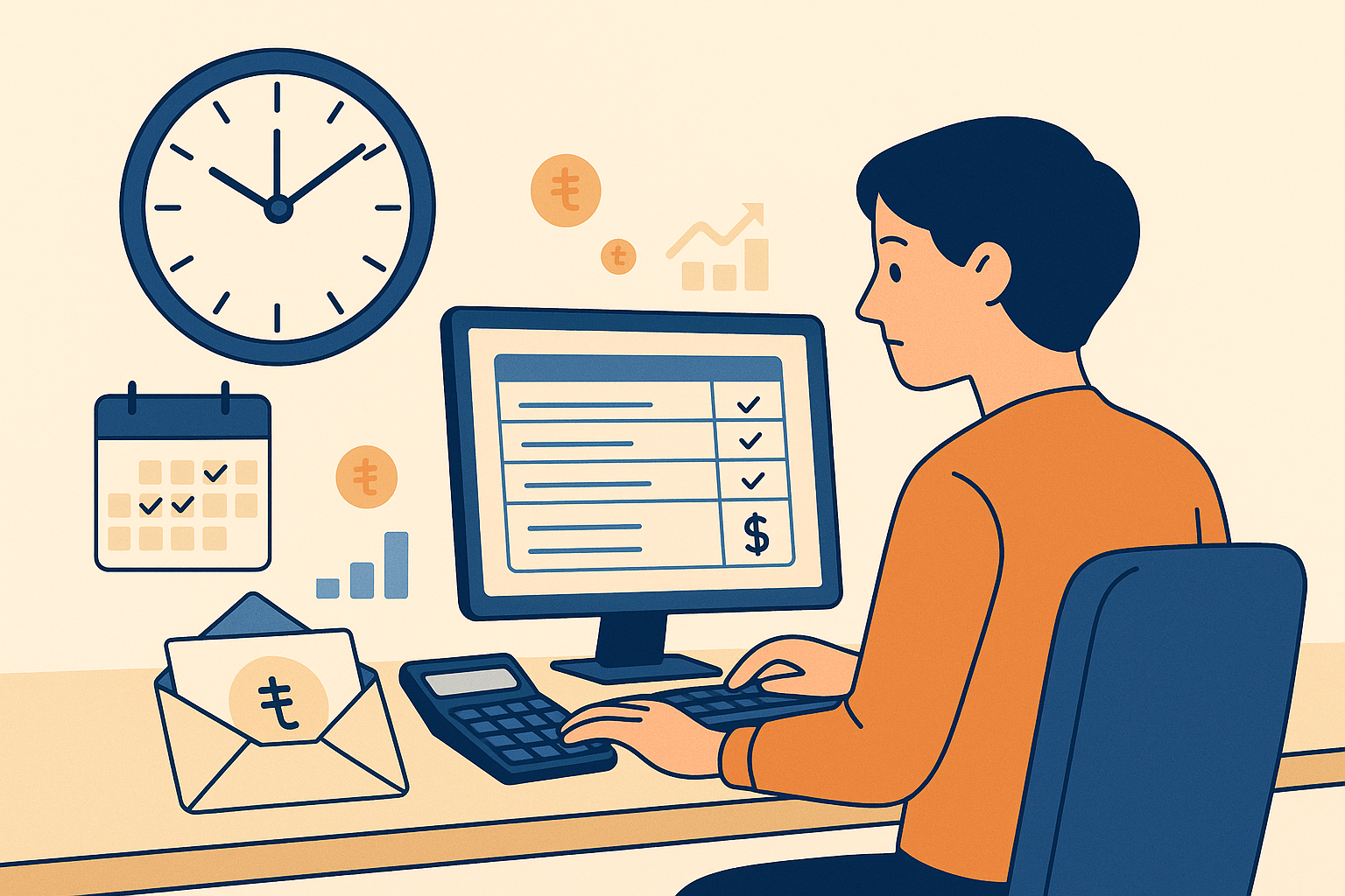 Saatlik brüt ücret, mesai çarpanları ve çalışılan saatlere göre mesai ücreti hesaplama adımlarını gösteren görsel rehber