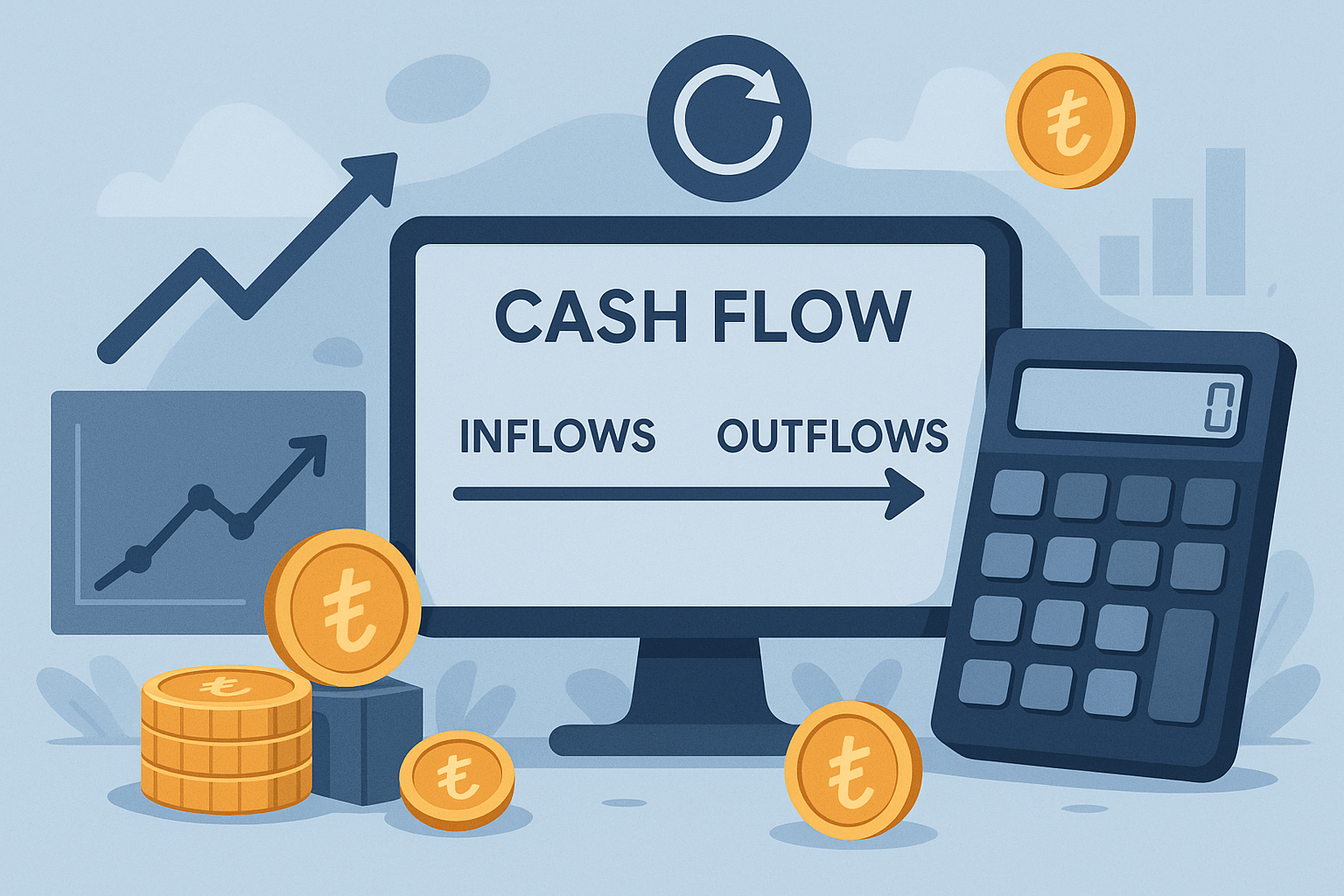 Nakit girişleri, nakit çıkışları ve dönem sonu nakit bakiyesini gösteren nakit akışı hesaplama illustrasyon görseli