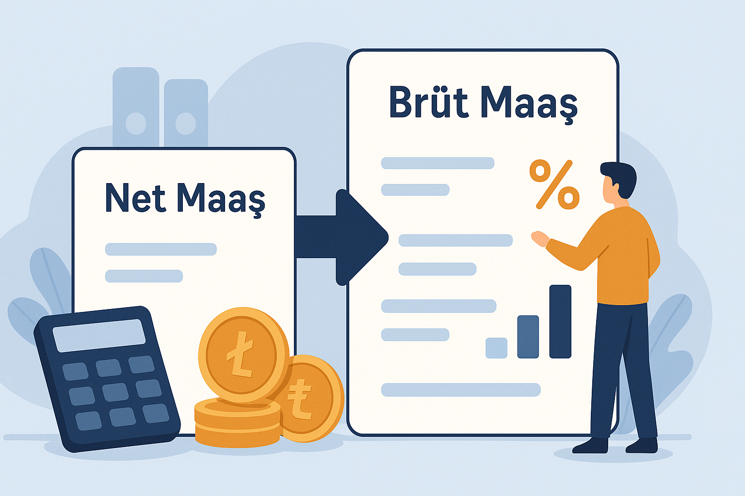 Net maaştan brüt maaşa geçiş adımlarını ve vergilerle SGK kesintilerini gösteren net brüt maaş hesaplama illustrasyonu
