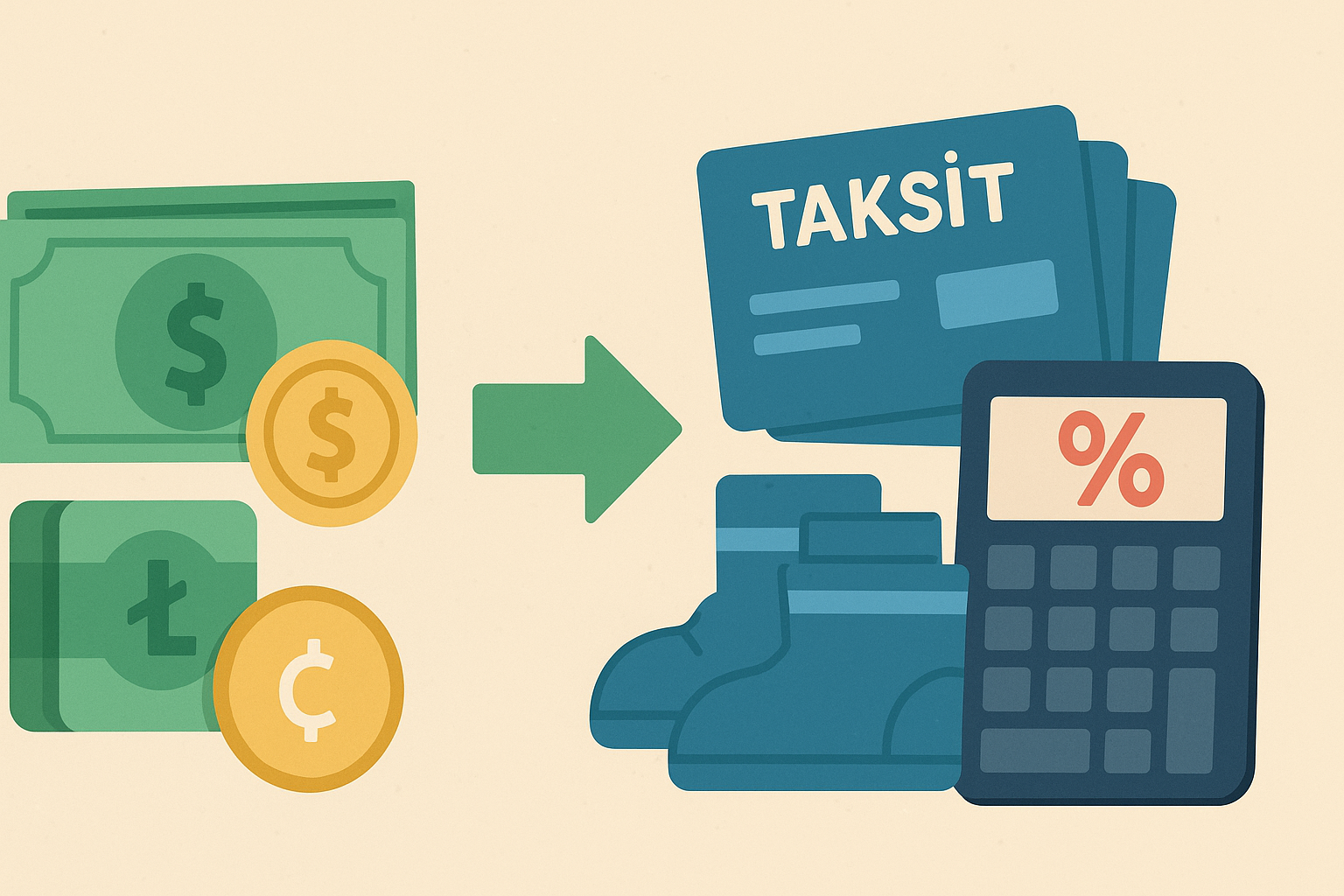 Peşin ödeme ve taksitli ödeme seçeneklerinin toplam maliyet ve faiz yükü açısından karşılaştırmasını gösteren hesaplama illustrasyonu