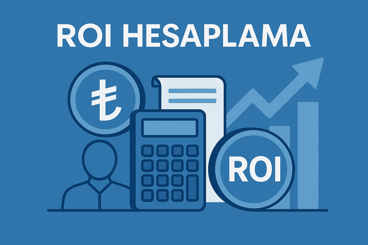 Yatırım maliyeti, elde edilen gelir, net kâr ve ROI ilişkisini gösteren ROI hesaplama illustrasyon görseli