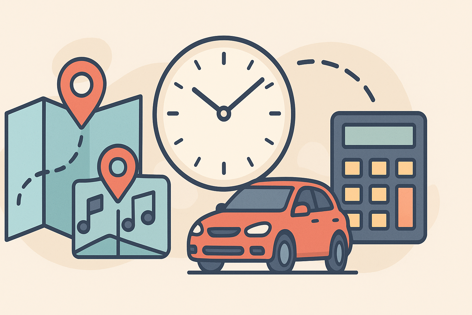 Mesafe, ortalama hız ve mola süresine göre seyahat süresi ve tahmini varış zamanını gösteren seyahat süresi hesaplama illustrasyonu