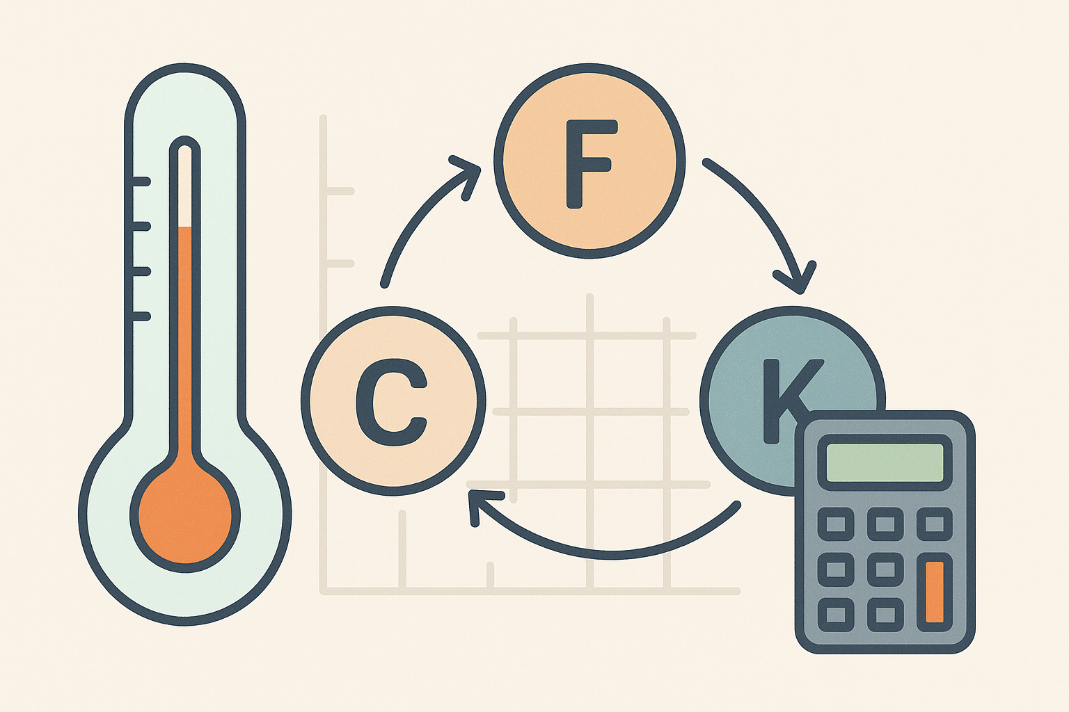 Celsius, Fahrenheit ve Kelvin ölçekleri arasında C F K sıcaklık dönüşümü ilişkisini gösteren rehber görsel