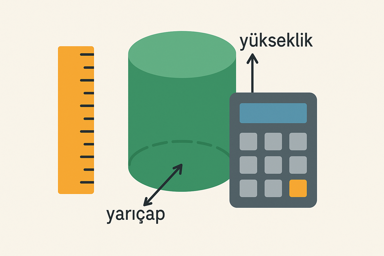 Silindir hacmi hesaplama, yarıçap, çap ve yükseklik ilişkisini gösteren rehber görsel