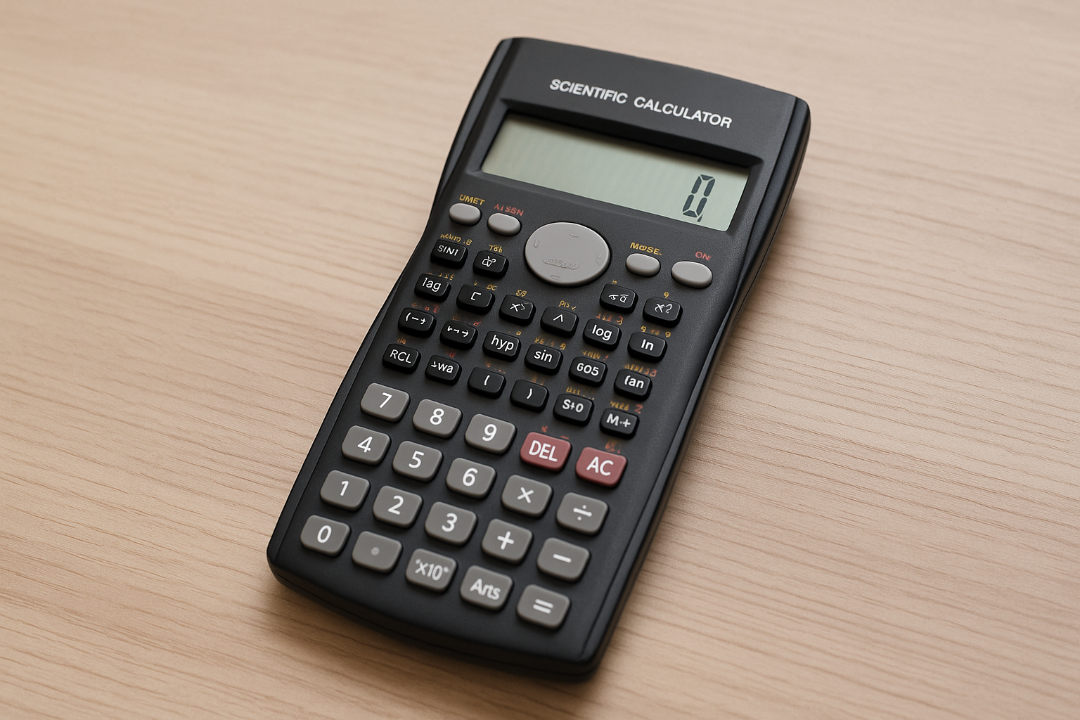 Trigonometrik ve logaritmik fonksiyon tuşlarını gösteren standart bilimsel hesap makinesi dijital arayüzü