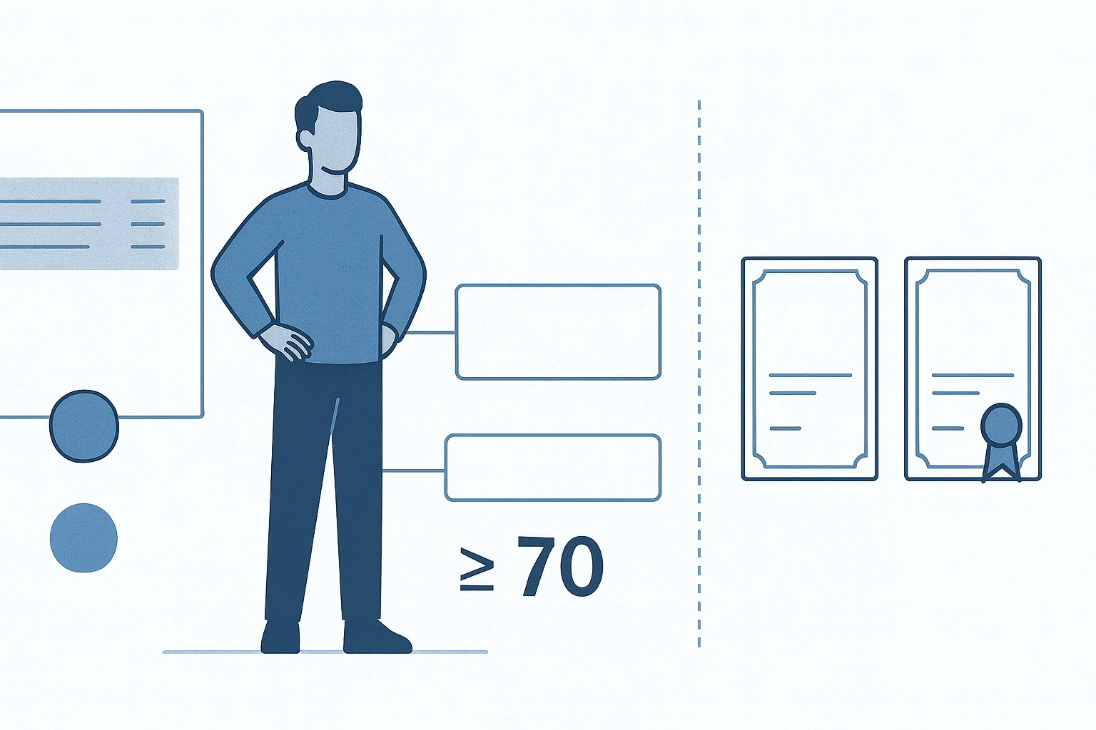 Taktir ve teşekkür belgesi hesaplama, yıl sonu not ortalaması, devamsızlık ve disiplin kriterlerini gösteren illustrasyon