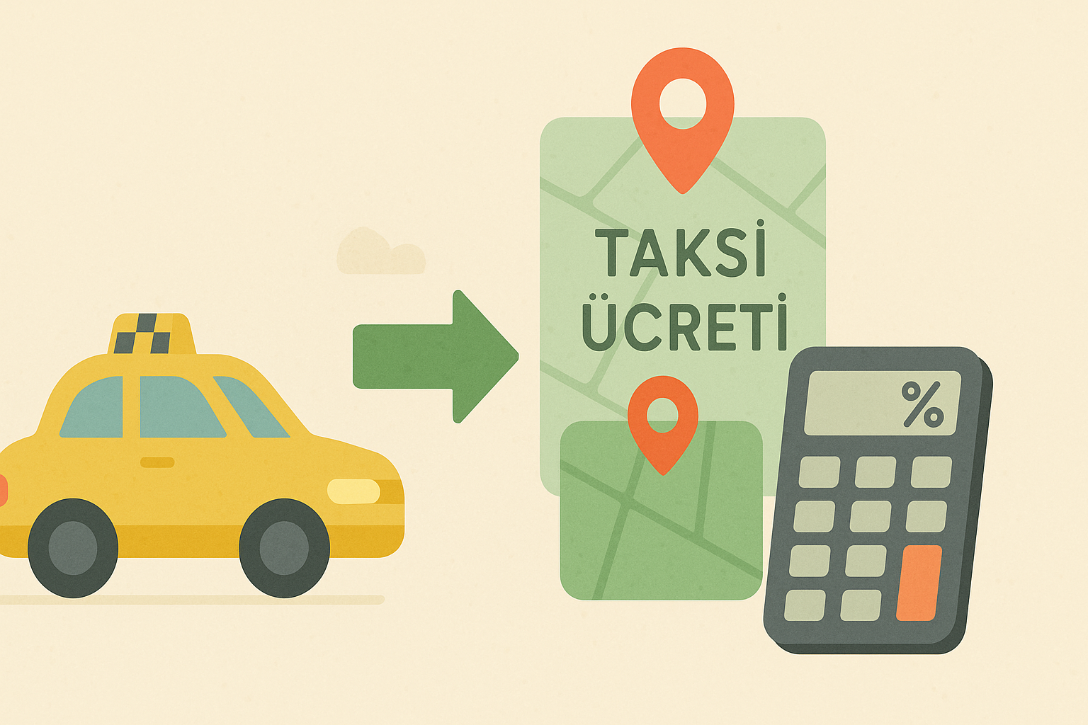 Açılış, kilometre, bekleme ve ek ücretler üzerinden taksi ücreti hesaplama illustrasyonu