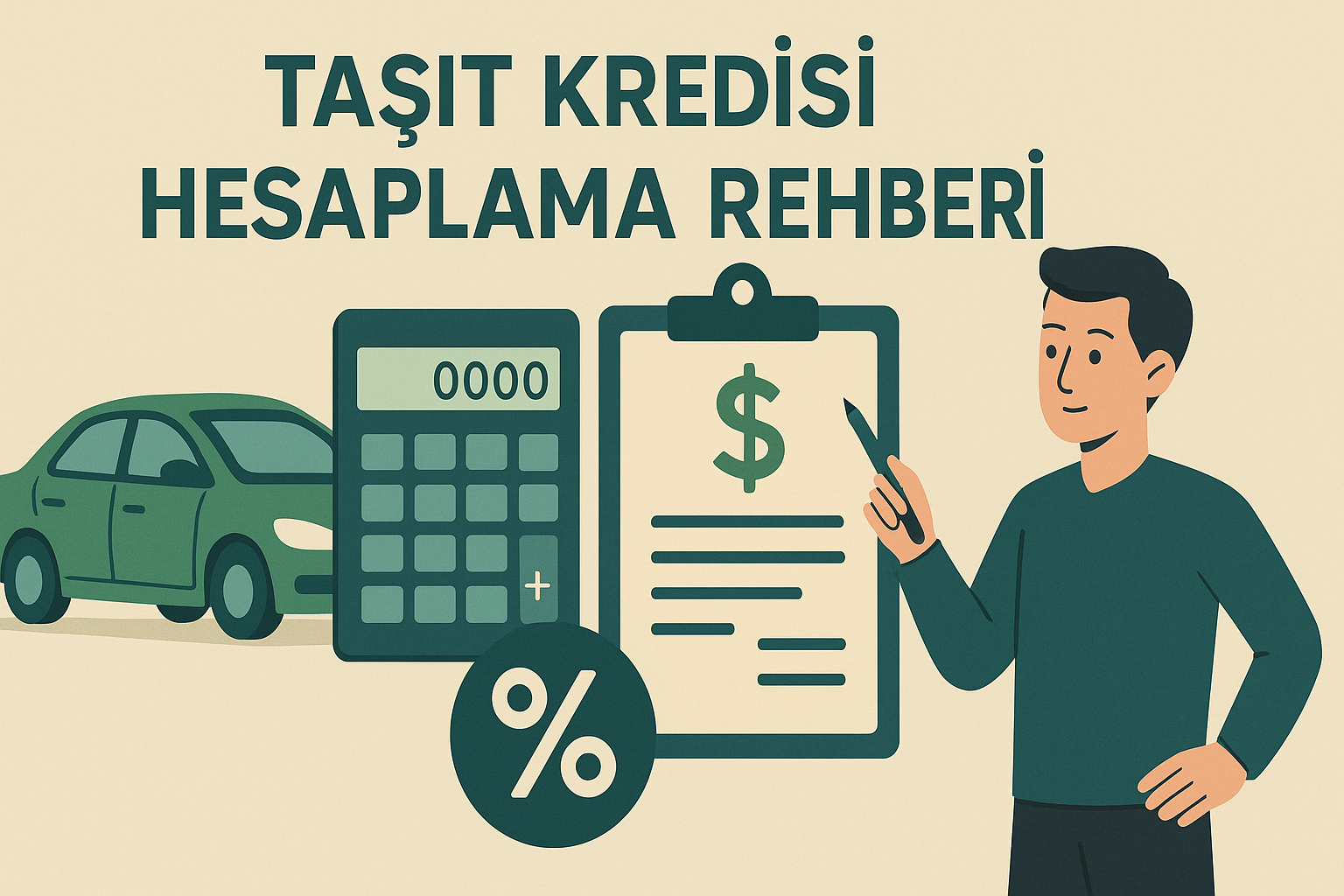 Taşıt kredisi hesaplama, aylık taksit ve toplam geri ödeme adımlarını gösteren infografik