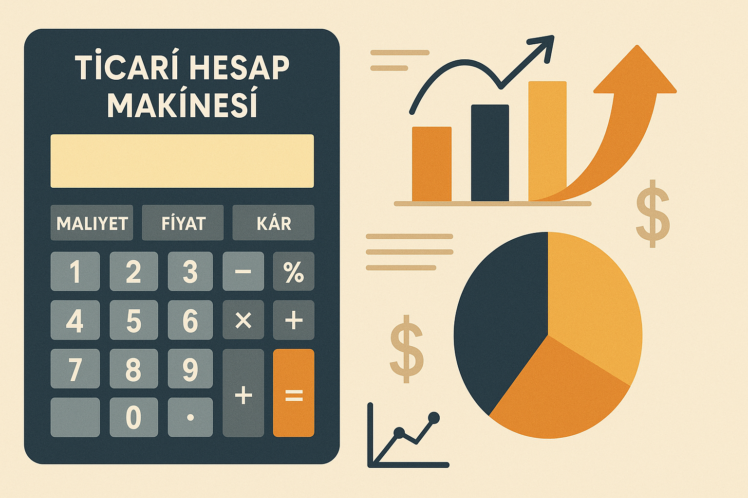 Maliyet, satış fiyatı ve kâr oranı alanlarını gösteren ticari hesap makinesi arayüzü