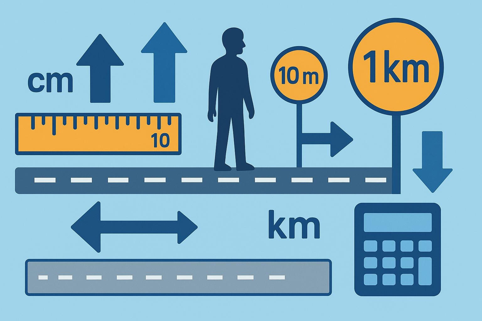 Santimetre, metre ve kilometre arasında uzunluk dönüşümünü gösteren görsel rehber