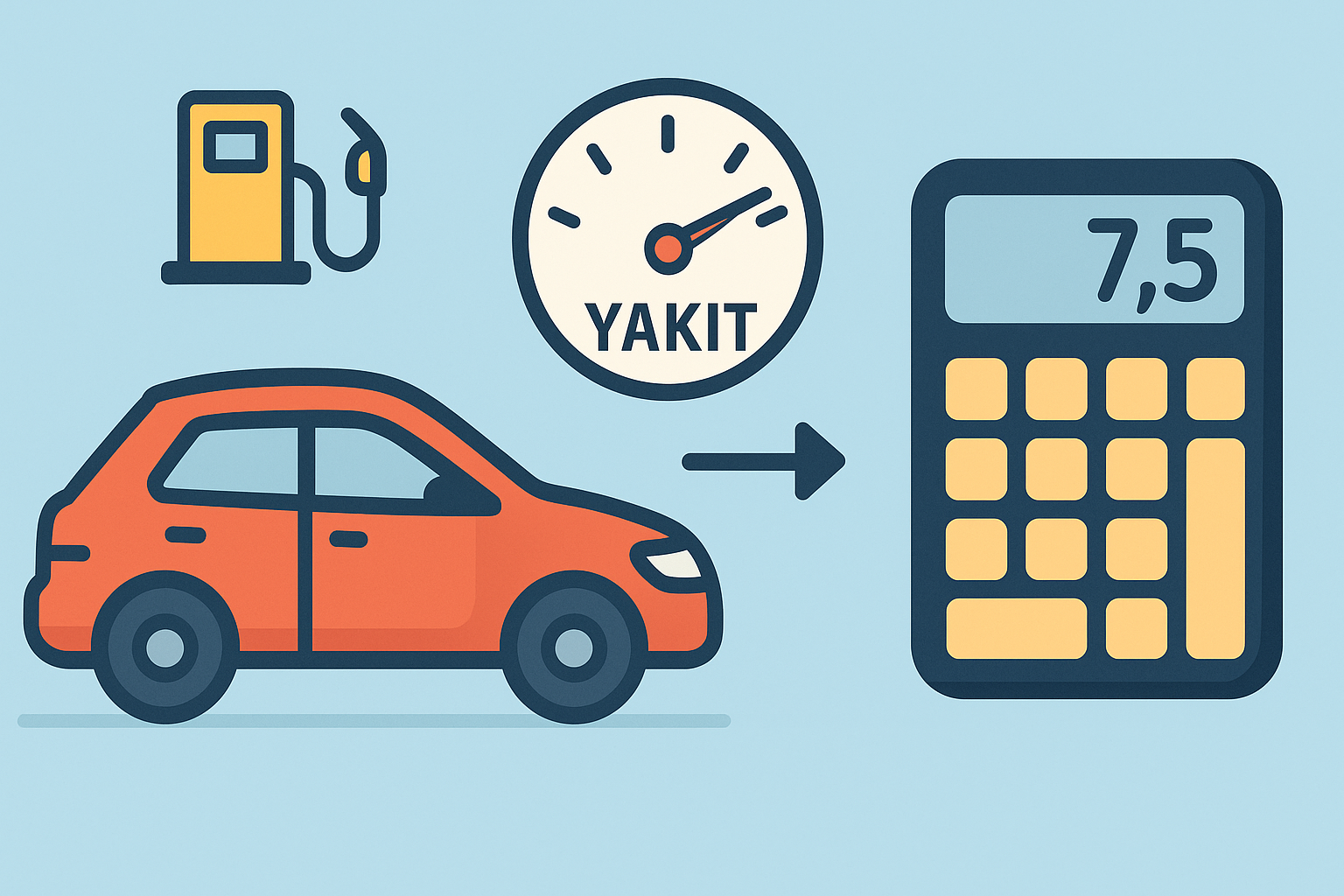 Kat edilen mesafe ve harcanan yakıt üzerinden L/100 km ve km/L yakıt tüketimi hesaplama illustrasyonu