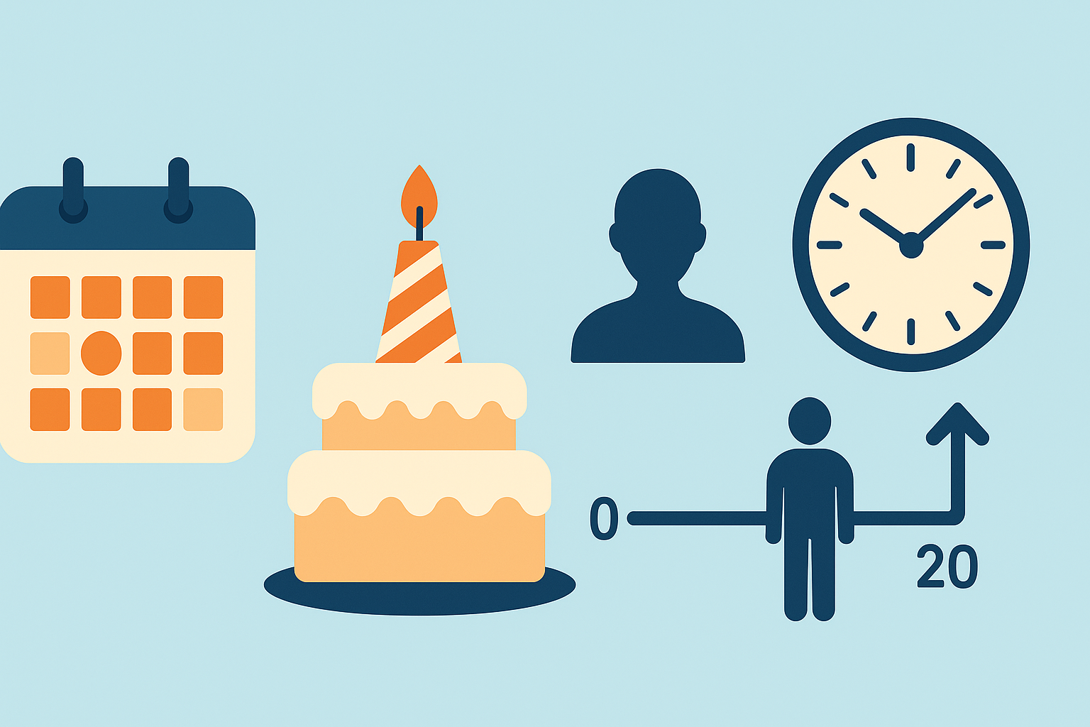 Doğum tarihi ve hesaplama tarihi arasındaki farktan yıl, ay, gün cinsinden yaş hesaplamayı anlatan şema