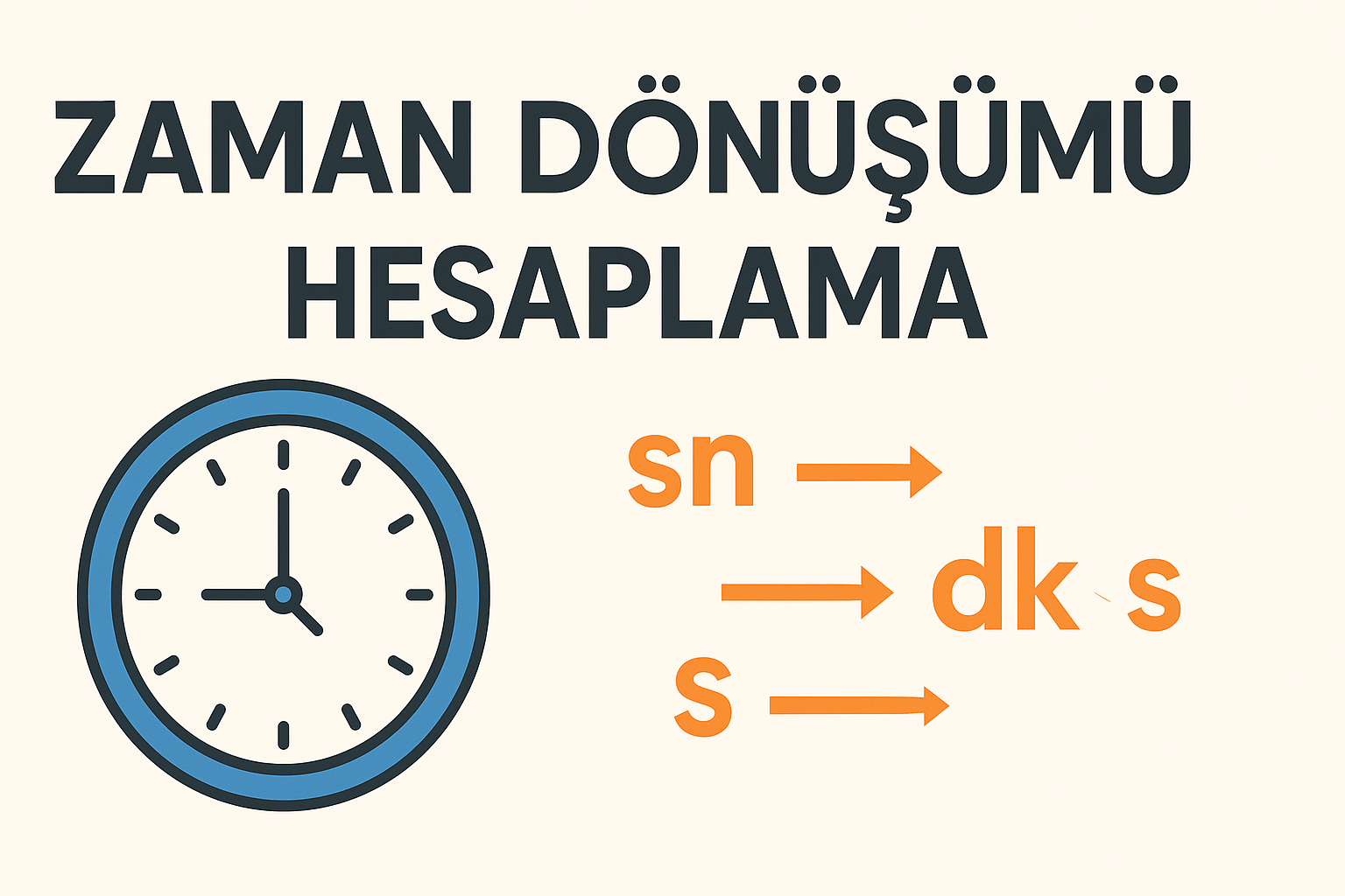 Saniye, dakika ve saat arasında zaman dönüşümünü gösteren rehber görsel